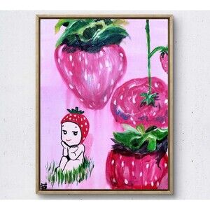 WS original strawberry angels painting 14X11 canvas acrylic abstract modern art